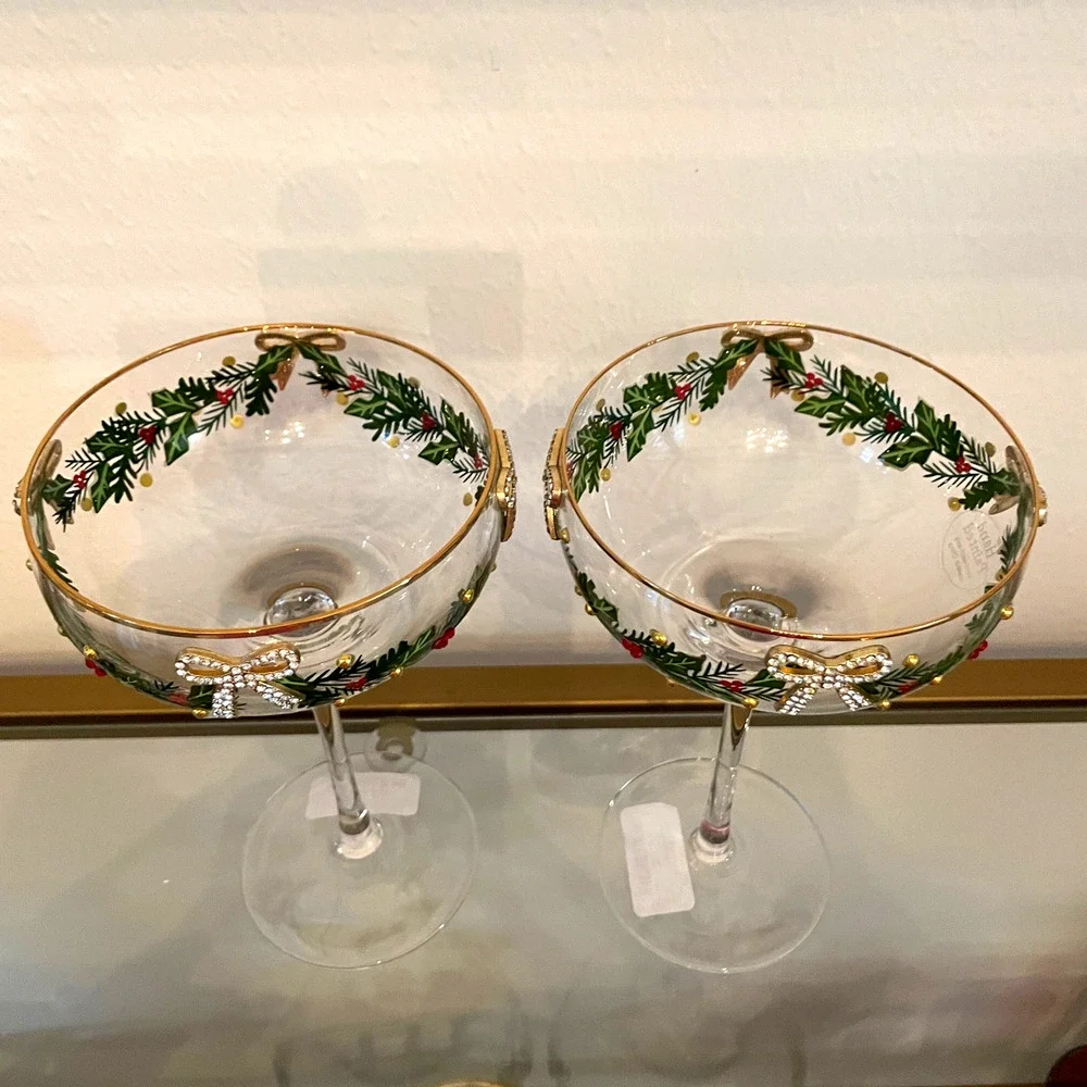 Christmas COUPE GLASSES Hand Painted & Jeweled Gold Bows Holly Garland Set of 2